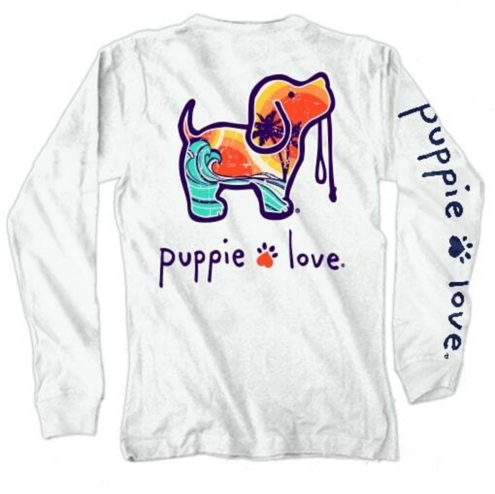 Puppie Love White Beach Surf Waves Long Sleeve T Shirt - Picture 1 of 5